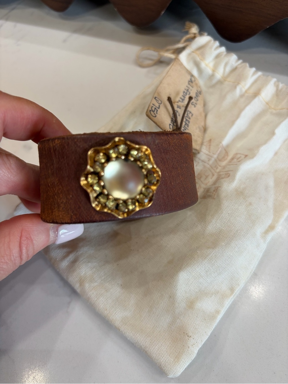 Brown Leather Cuff Bracelet with Gold Floral Pearl Accent